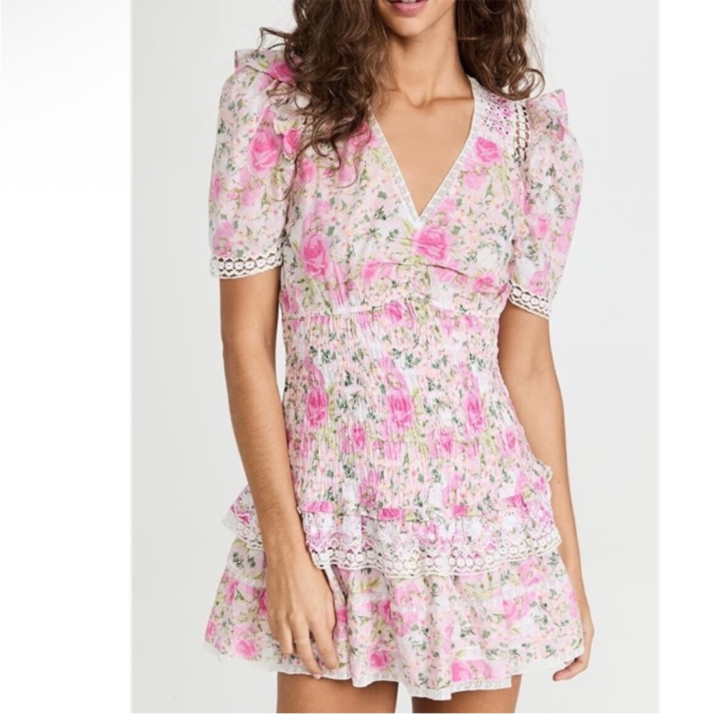 LoveShackFancy Rena Cotton Lace Trim Smocked Dress Pink with Lace Details